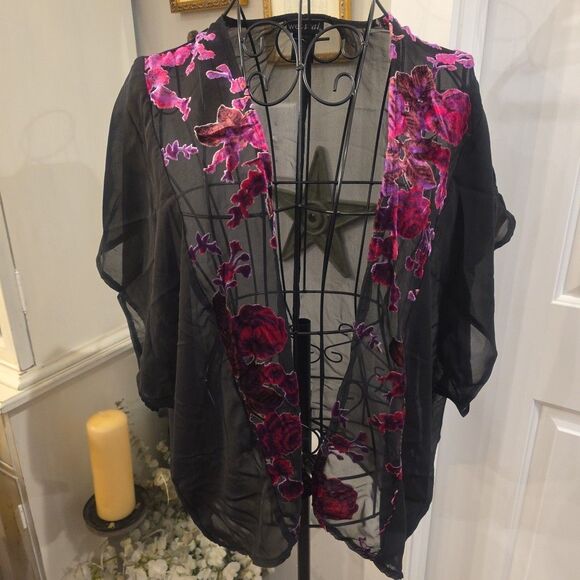 WET SEAL Sheer Black Velvet Burnout Open Front Short Sleeve Wrap OS Whimsigoth - Picture 1 of 6
